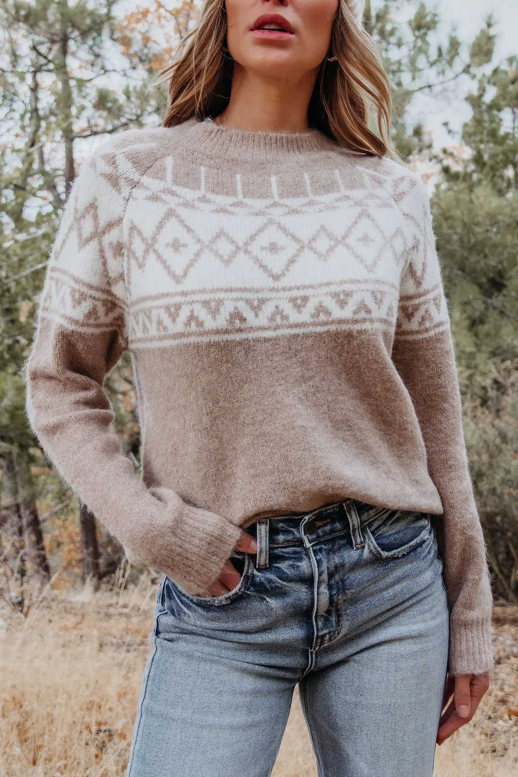 Taupe Aztec Print Mock Neck Sweater