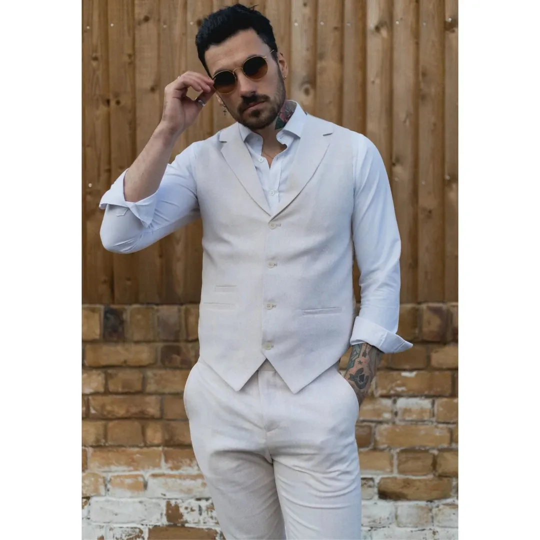 TP-10 - Men's Summer Suit Waistcoat Trousers Linen Formal Cream Beige Wedding