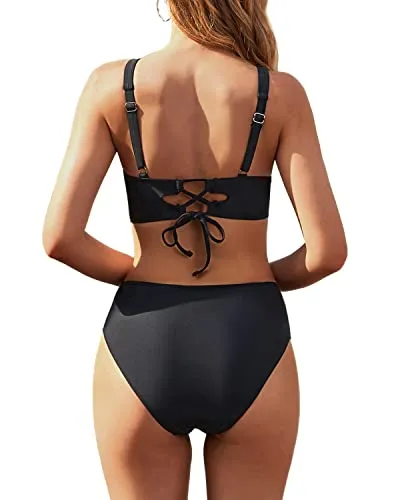 Twist Front Women's Two Piece High Waisted Bikini Set Tummy Control Swimsuit-Black