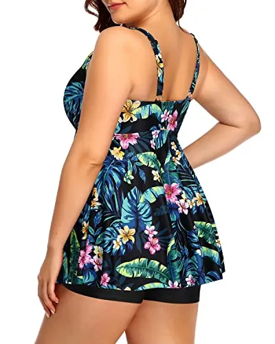 Two Piece Plus Size Tankini Swimsuits For Women Bowknot-Black Green Leaves