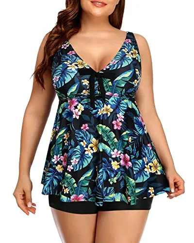 Two Piece Plus Size Tankini Swimsuits For Women Bowknot-Black Green Leaves