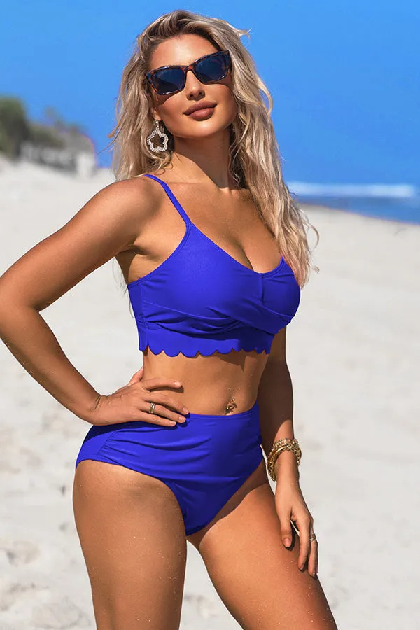 U Neck Scalloped Cut Out Ruched Bikini Suits