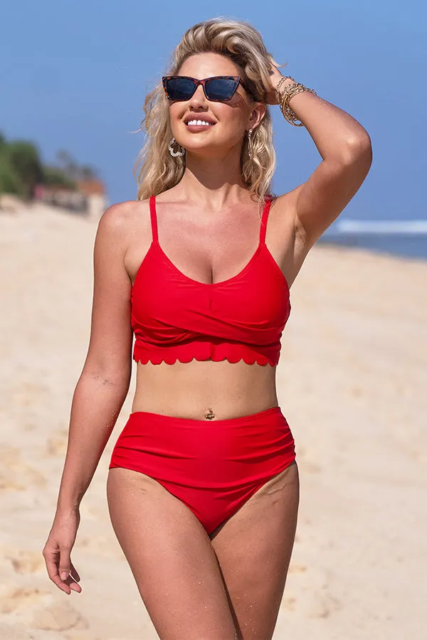 U Neck Scalloped Cut Out Ruched Bikini Suits