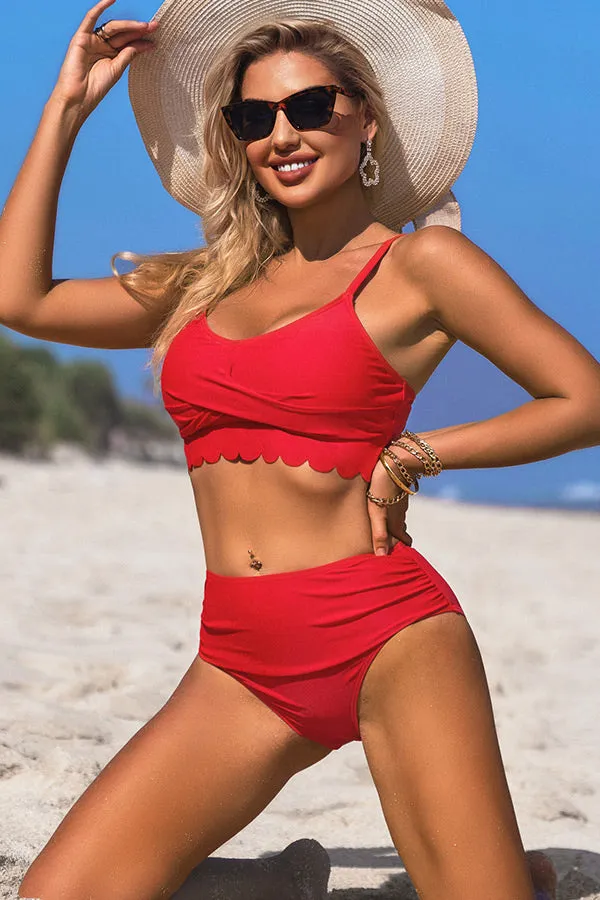 U Neck Scalloped Cut Out Ruched Bikini Suits