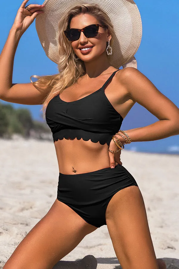 U Neck Scalloped Cut Out Ruched Bikini Suits