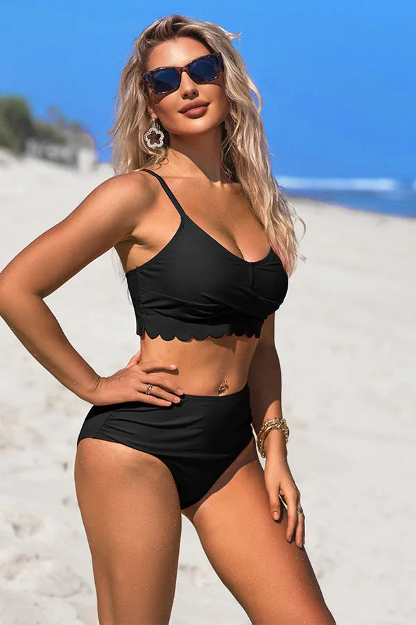 U Neck Scalloped Cut Out Ruched Bikini Suits