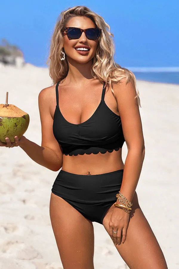 U Neck Scalloped Cut Out Ruched Bikini Suits