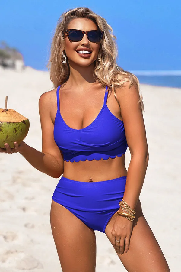 U Neck Scalloped Cut Out Ruched Bikini Suits