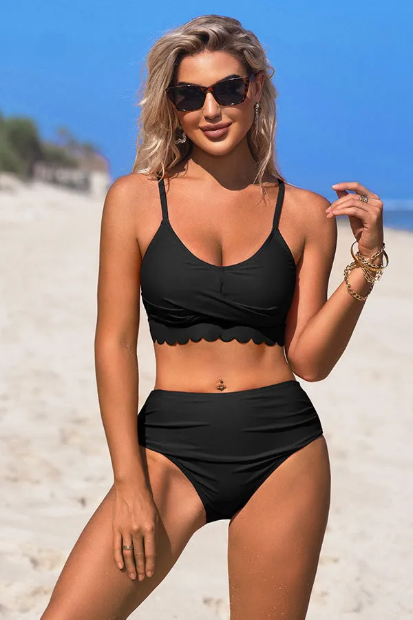 U Neck Scalloped Cut Out Ruched Bikini Suits