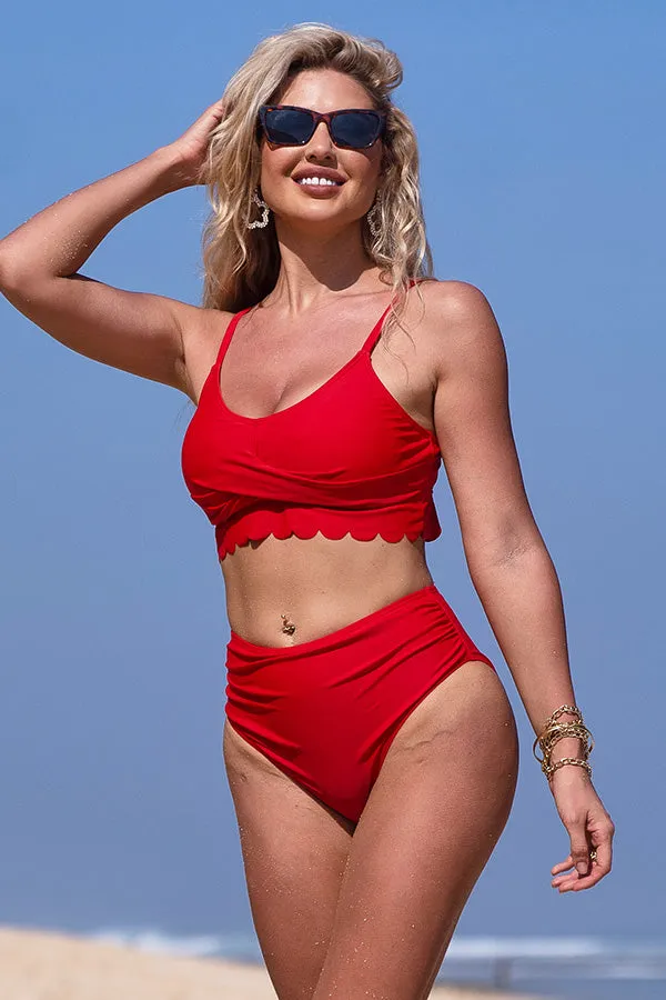 U Neck Scalloped Cut Out Ruched Bikini Suits