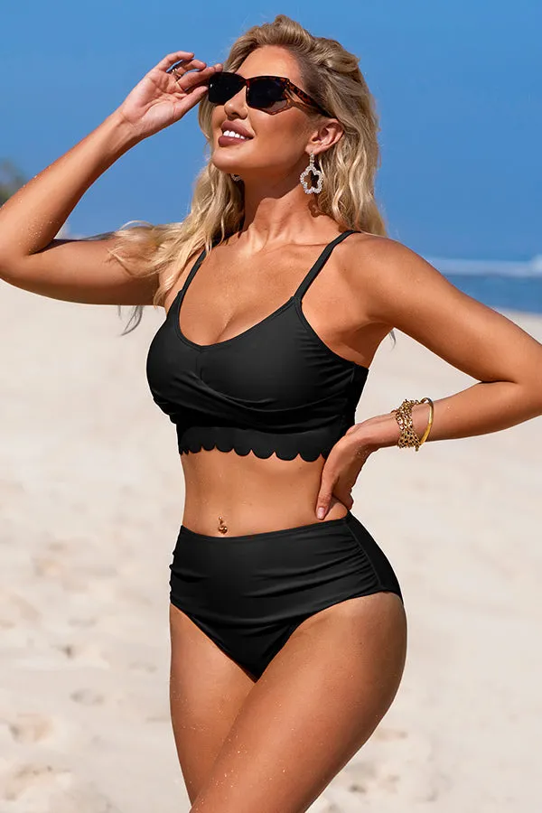 U Neck Scalloped Cut Out Ruched Bikini Suits