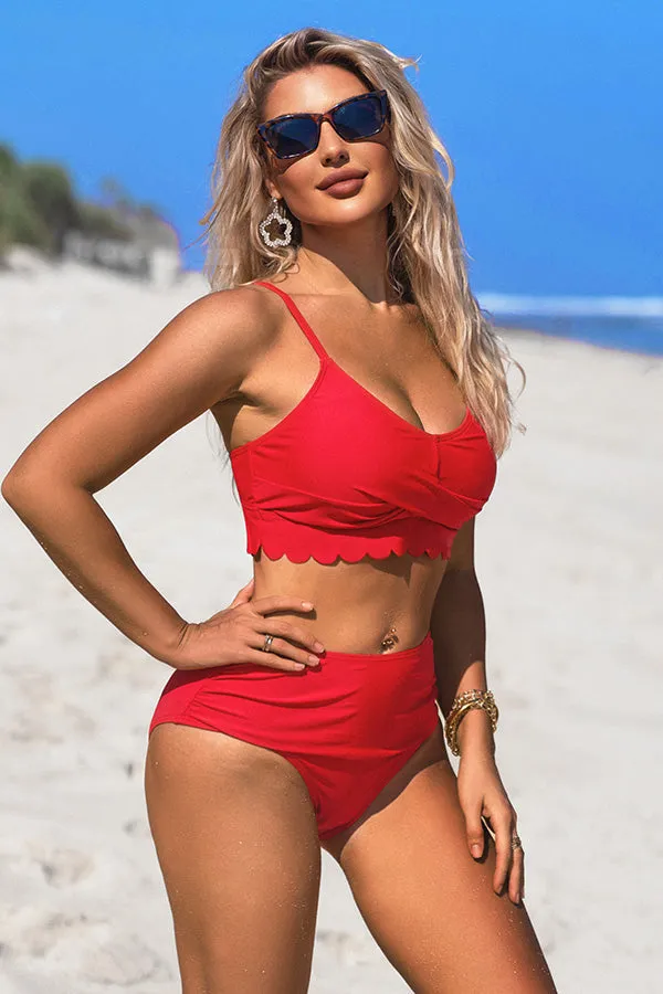 U Neck Scalloped Cut Out Ruched Bikini Suits