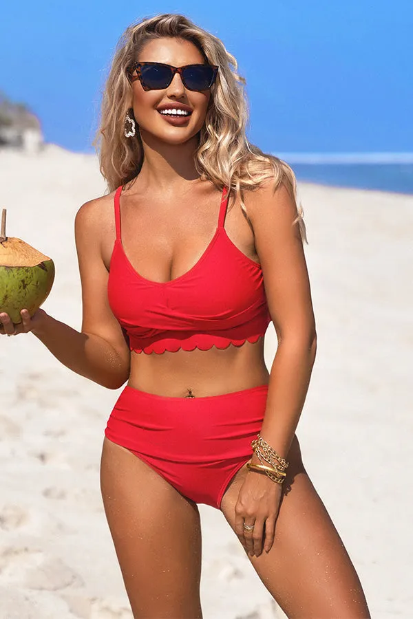 U Neck Scalloped Cut Out Ruched Bikini Suits