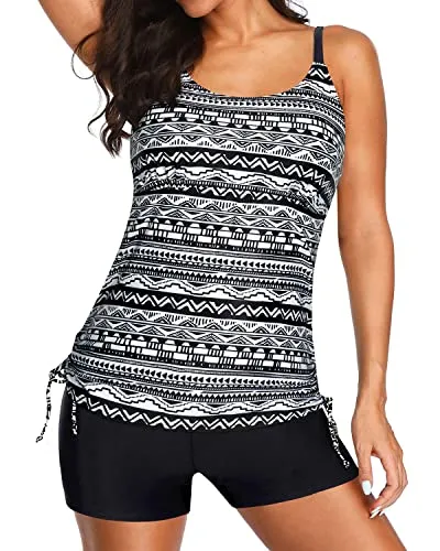 Womens Swimming Suits Tankini Tummy Control Swimwear-Black Tribal